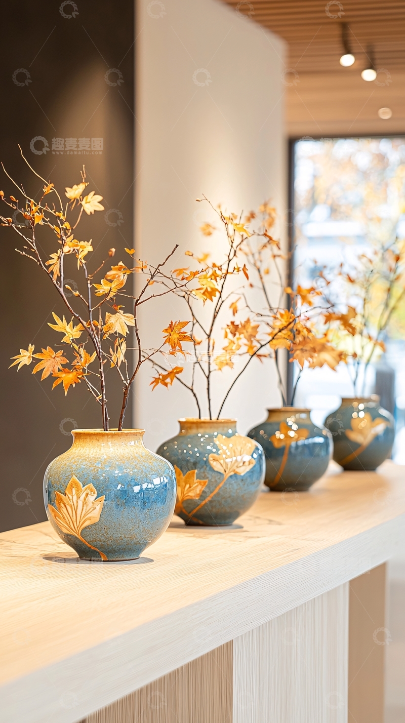 高清大图下载【趣麦麦图】精致花瓶摆放枫叶枝