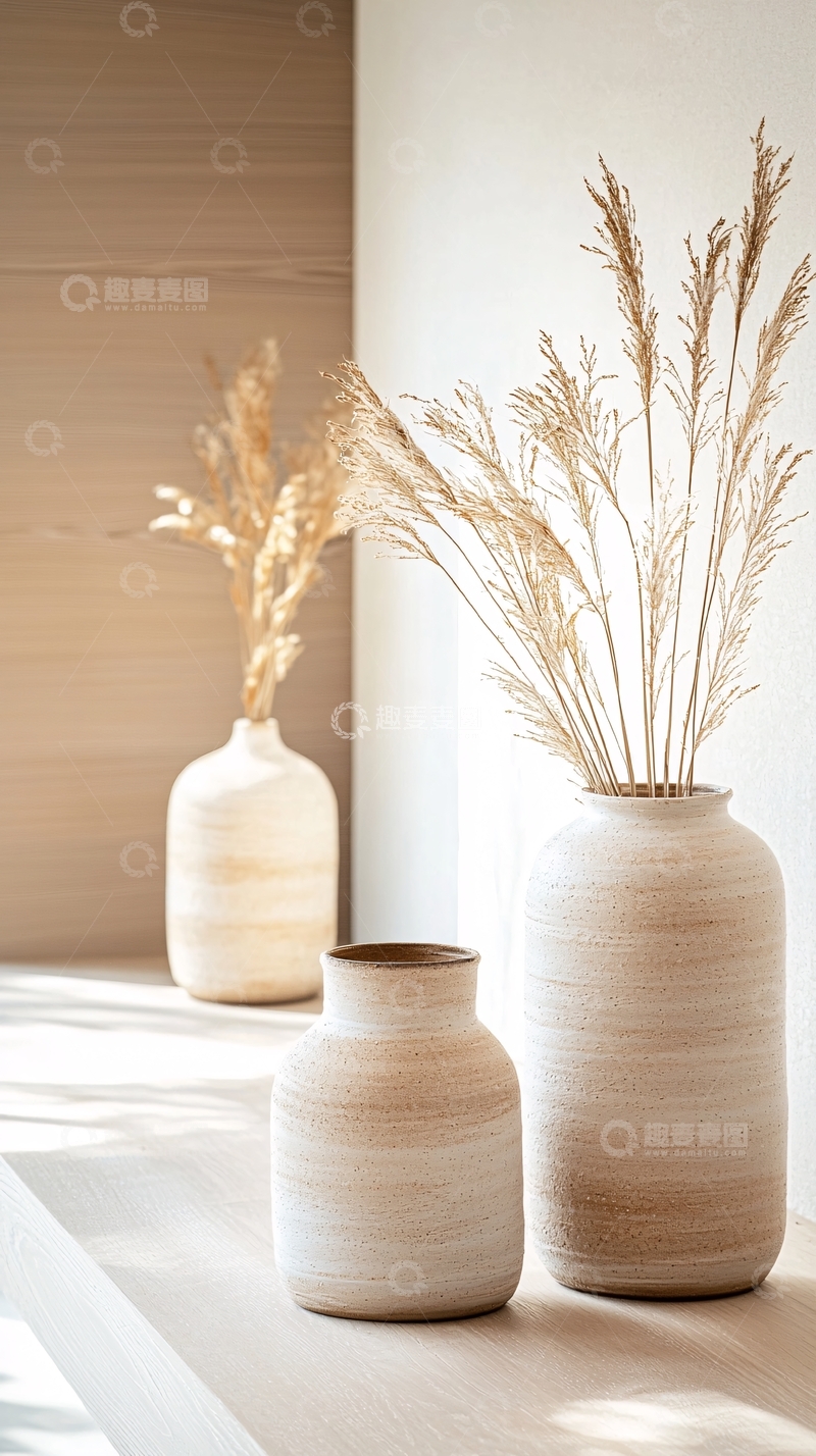 高清大图下载【趣麦麦图】米色花瓶中的干草特写