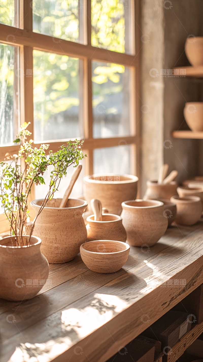 高清大图下载【趣麦麦图】陶器工作室窗边静物