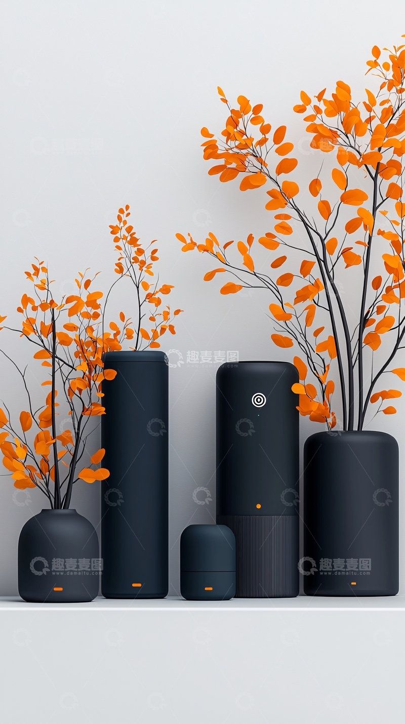 高清大图下载【趣麦麦图】黑色花瓶与橙色树叶