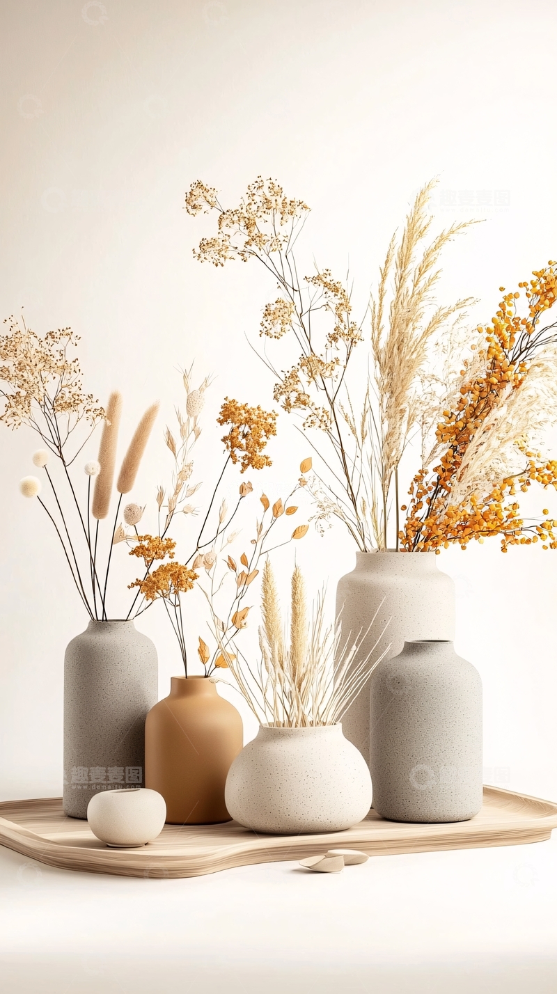 高清大图下载【趣麦麦图】米色花瓶中的干花艺术