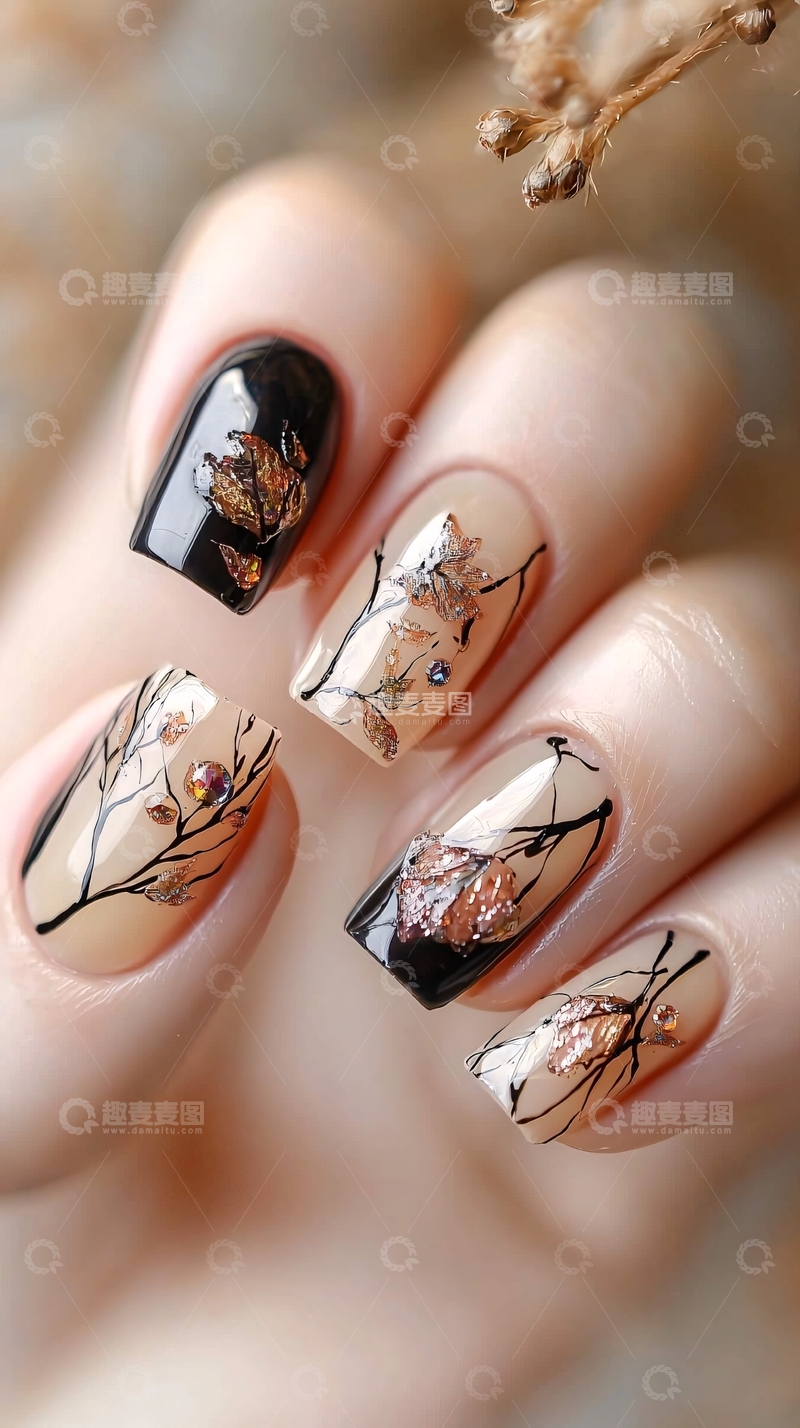 高清大图下载【趣麦麦图】秋季叶片美甲设计