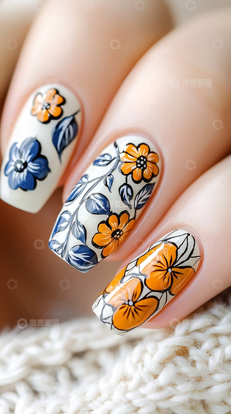 高清大图下载【趣麦麦图】手绘花朵美甲图案