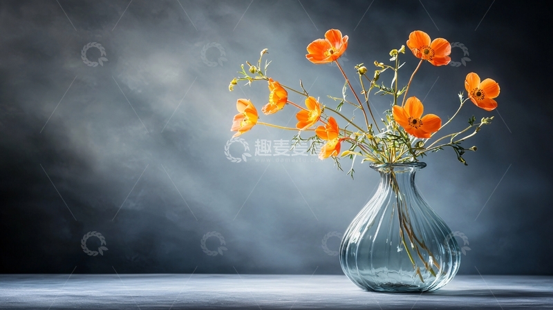 高清大图下载【趣麦麦图】橙色花朵的玻璃花瓶
