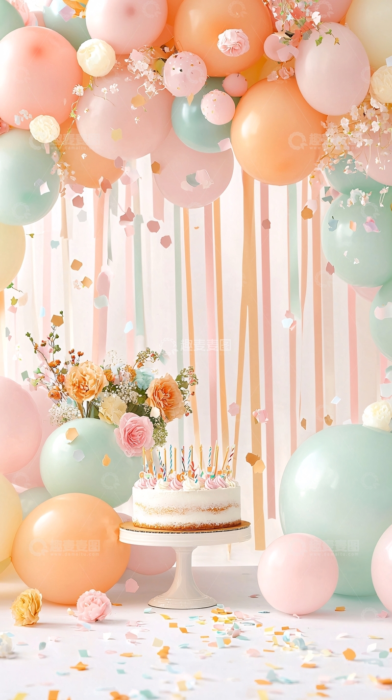 高清大图下载【趣麦麦图】生日蛋糕与彩色气球的梦幻场景