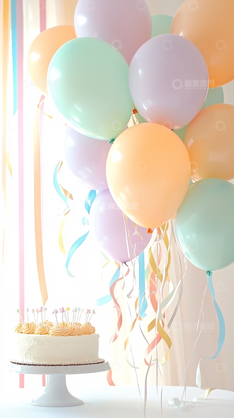 高清大图下载【趣麦麦图】彩色气球和蛋糕的庆祝场景