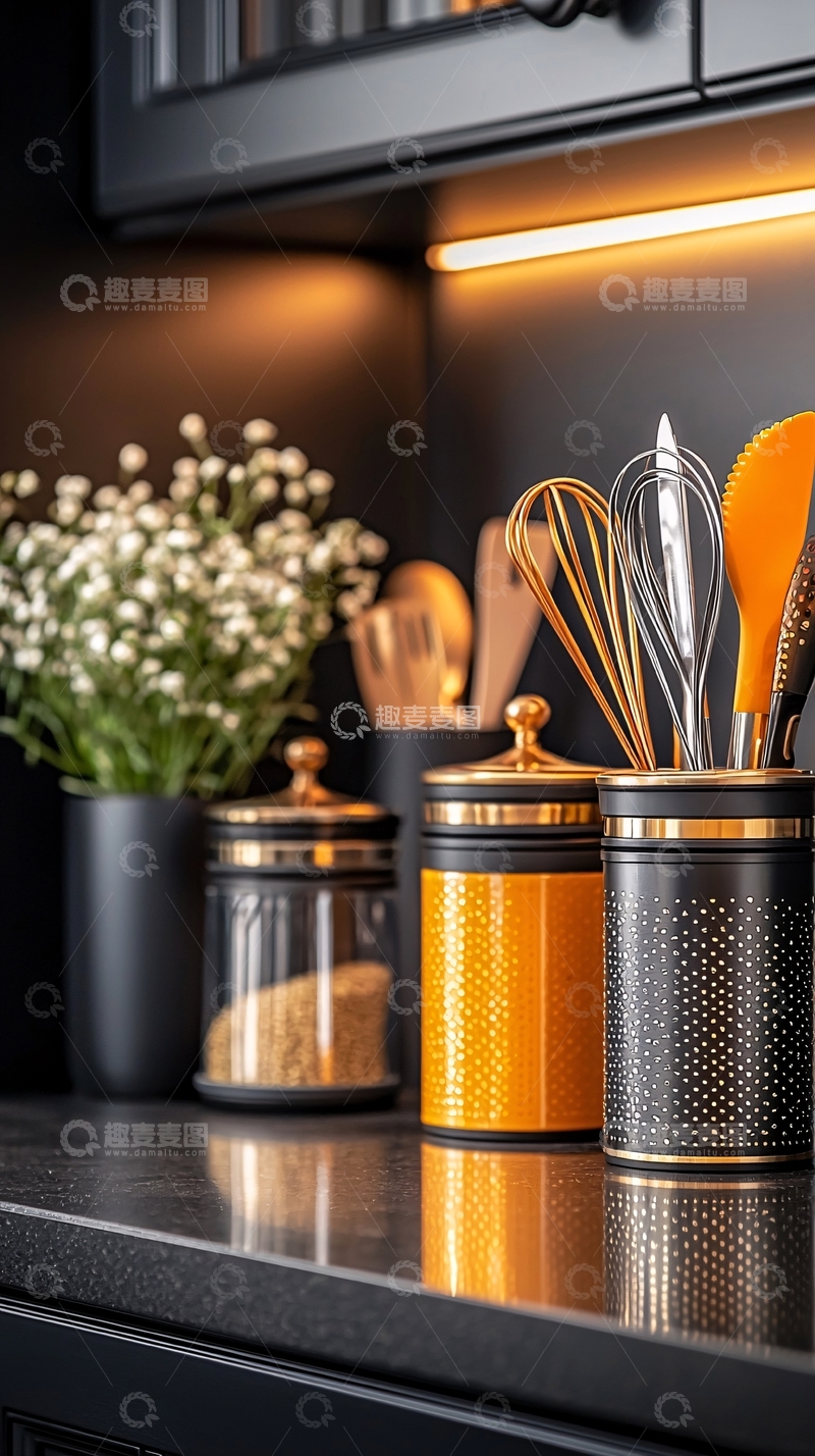 高清大图下载【趣麦麦图】厨房台面上的罐子与花