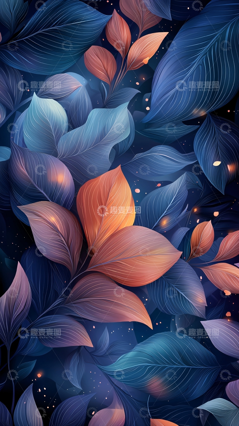 高清大图下载【趣麦麦图】蓝色橙色叶子梦幻光晕
