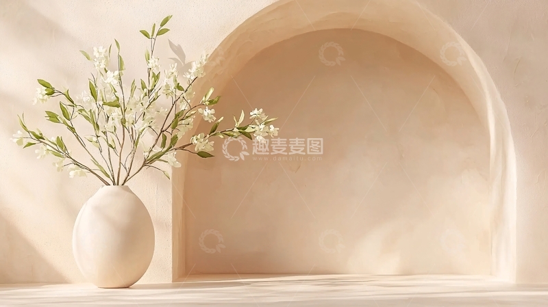 高清大图下载【趣麦麦图】米色拱形背景花瓶绿植