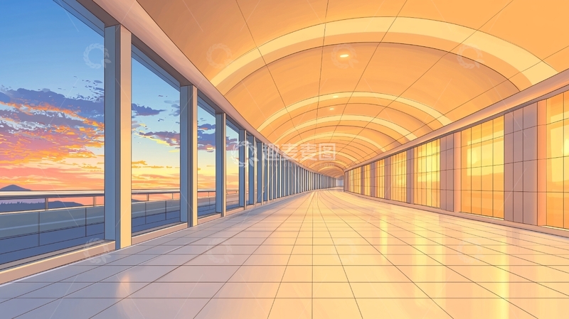 高清大图下载【趣麦麦图】空旷走廊夕阳风景