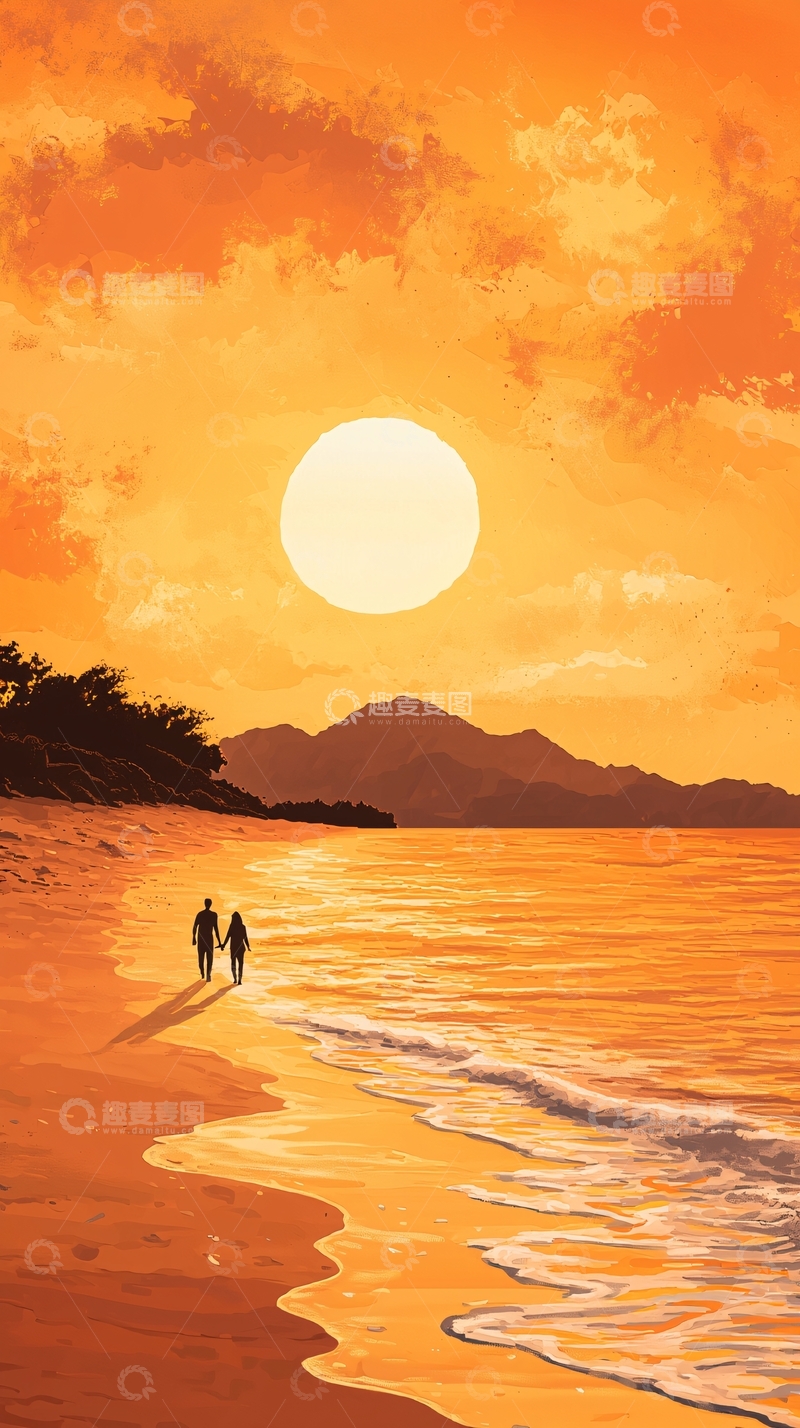 高清大图下载【趣麦麦图】海边夕阳情侣散步