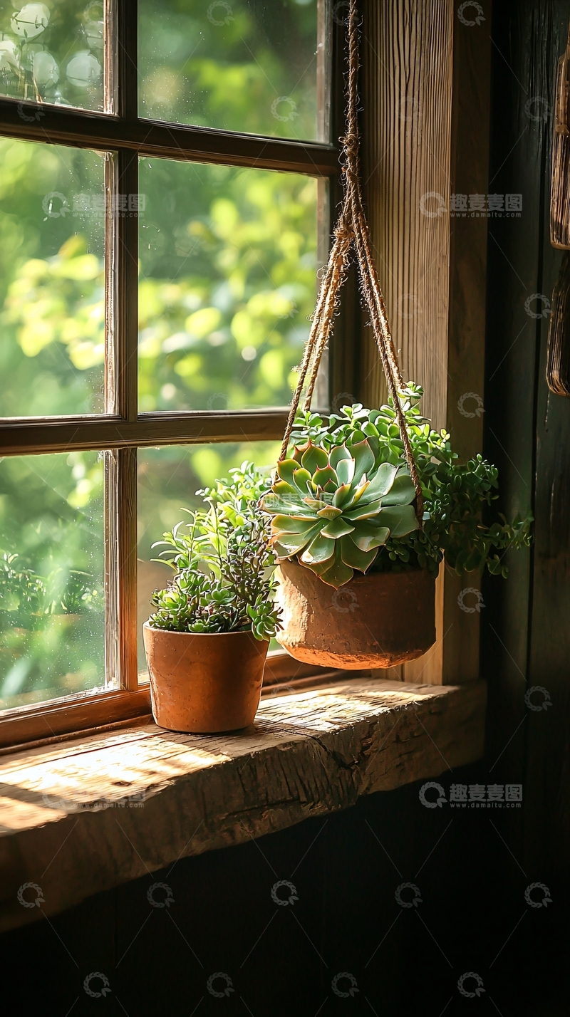 高清大图下载【趣麦麦图】窗台上的盆栽植物