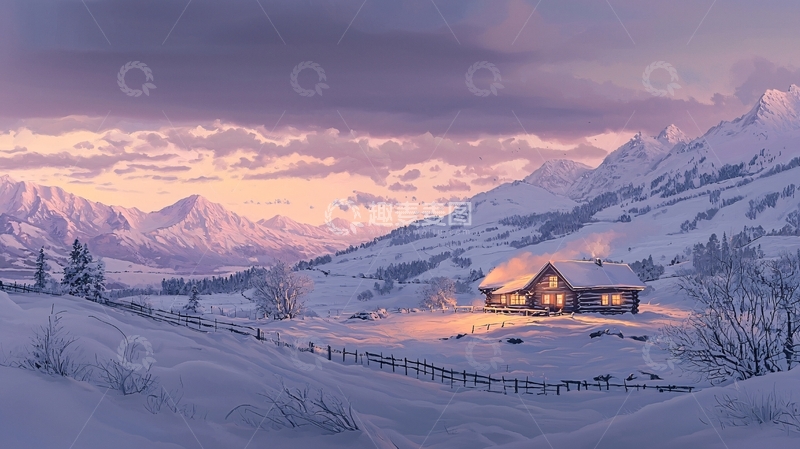 高清大图下载【趣麦麦图】雪山下温暖的小屋