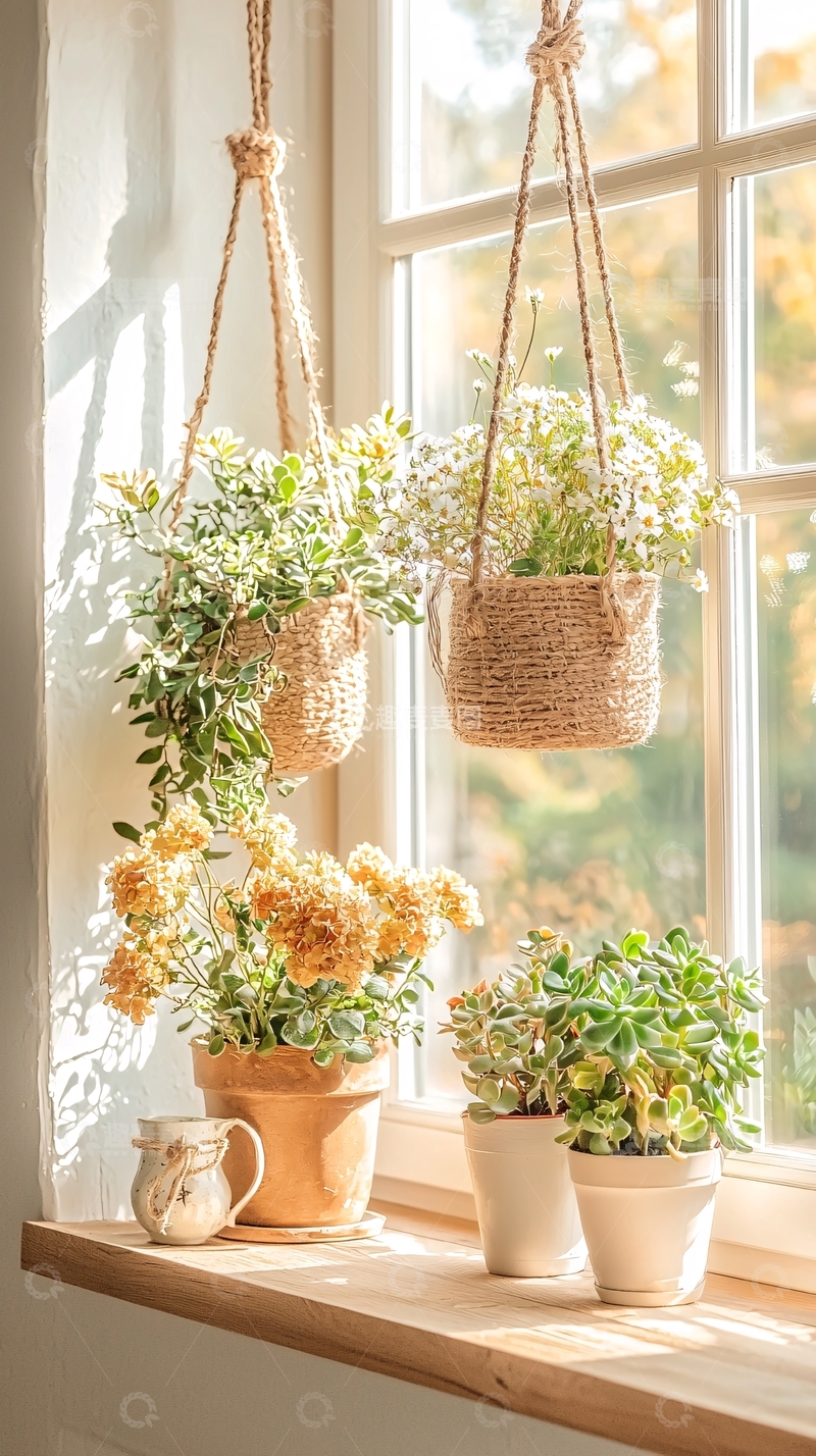 高清大图下载【趣麦麦图】窗边悬挂和摆放的盆栽