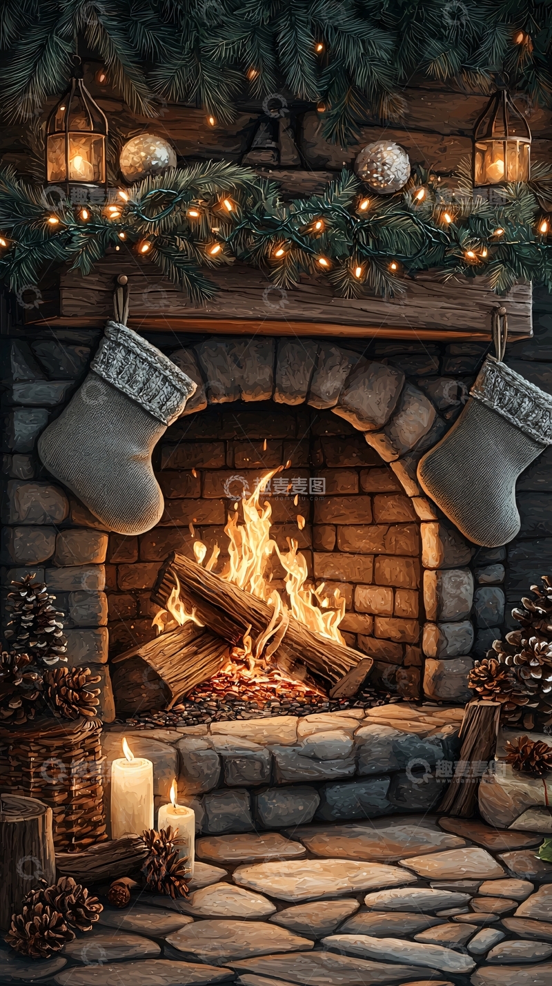 高清大图下载【趣麦麦图】壁炉前的圣诞节装饰