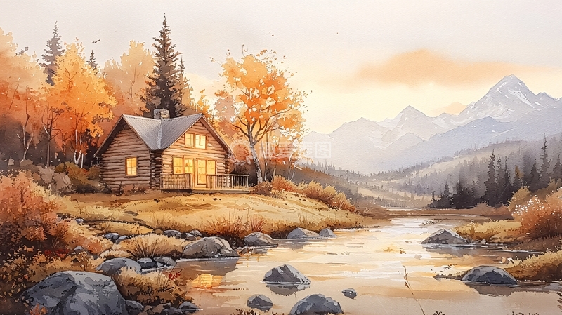 高清大图下载【趣麦麦图】秋日小屋傍水