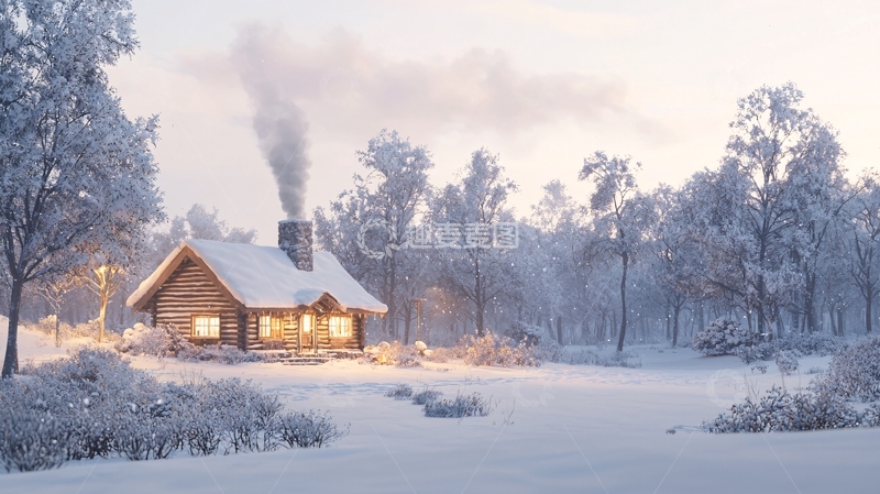 高清大图下载【趣麦麦图】雪中温暖的小木屋