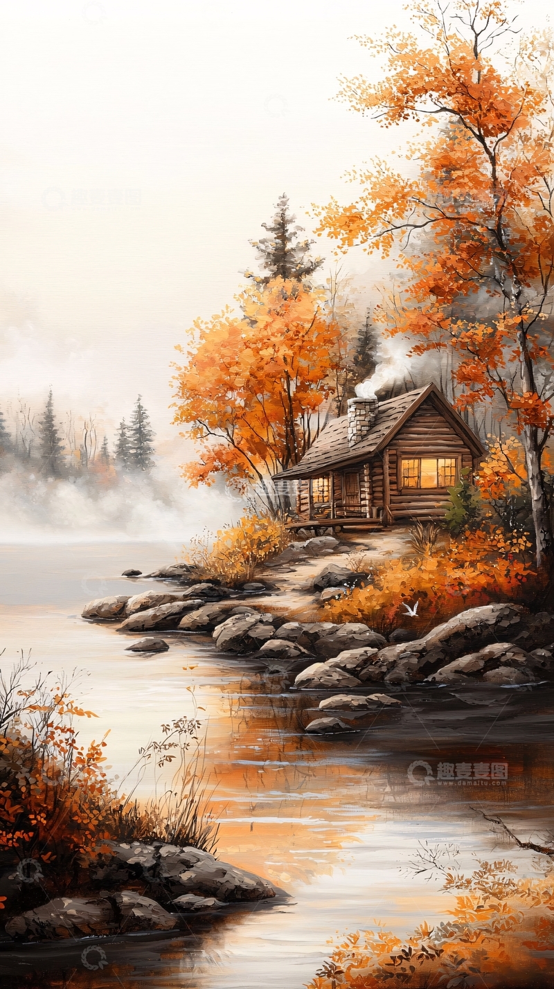 高清大图下载【趣麦麦图】秋日湖畔小屋