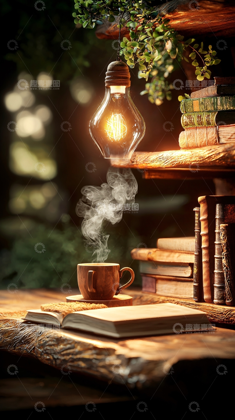 高清大图下载【趣麦麦图】咖啡书本灯泡的静谧一角