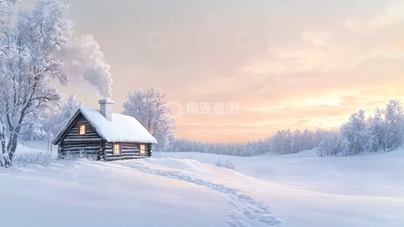 高清大图下载【趣麦麦图】雪地小屋冒着炊烟