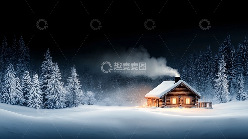 高清大图下载【趣麦麦图】雪夜中温暖的小屋