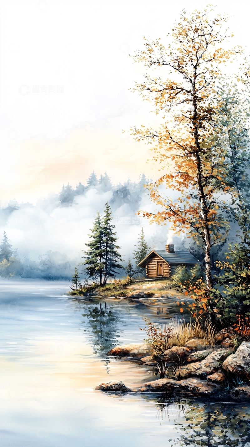 高清大图下载【趣麦麦图】湖边小屋风景油画