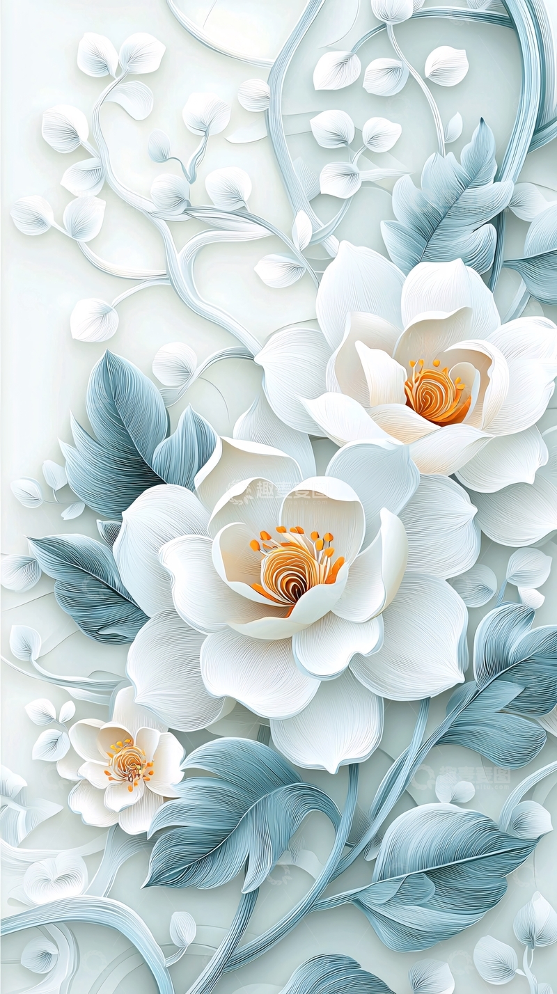 高清大图下载【趣麦麦图】浅色花卉与叶片浮雕