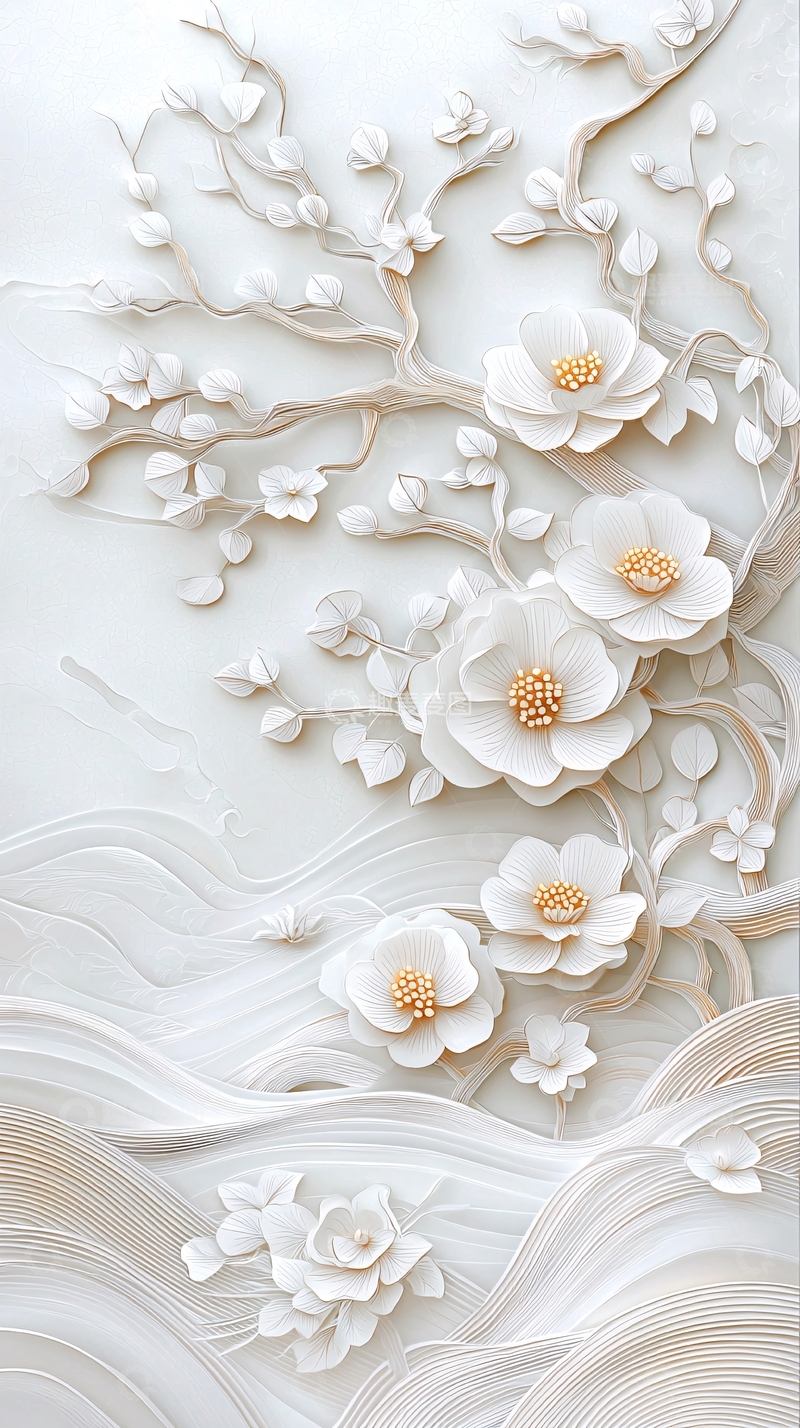 高清大图下载【趣麦麦图】白色花朵树枝浮雕图案