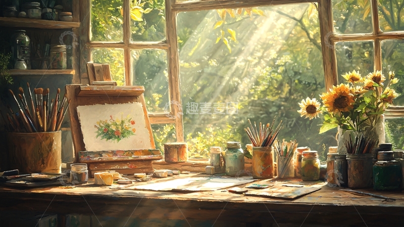 高清大图下载【趣麦麦图】明媚阳光下的画室角落
