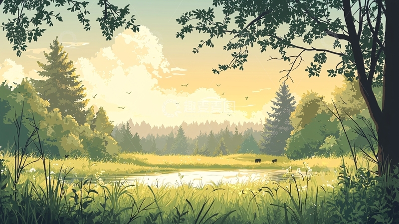 高清大图下载【趣麦麦图】开阔草地上的小湖泊