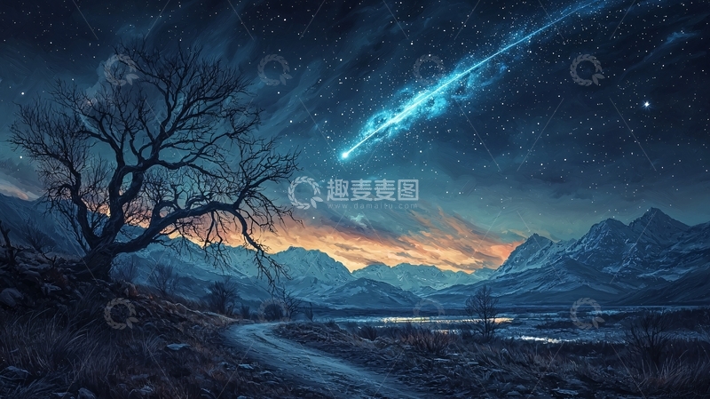 高清大图下载【趣麦麦图】流星划过夜空下的树