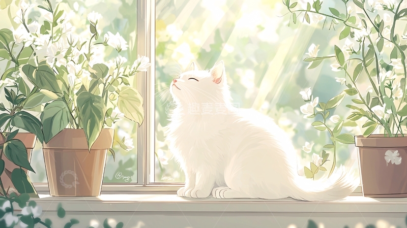 高清大图下载【趣麦麦图】白猫窗边沐浴阳光