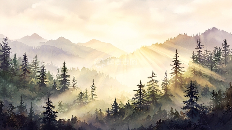 高清大图下载【趣麦麦图】阳光穿透薄雾的山林美景
