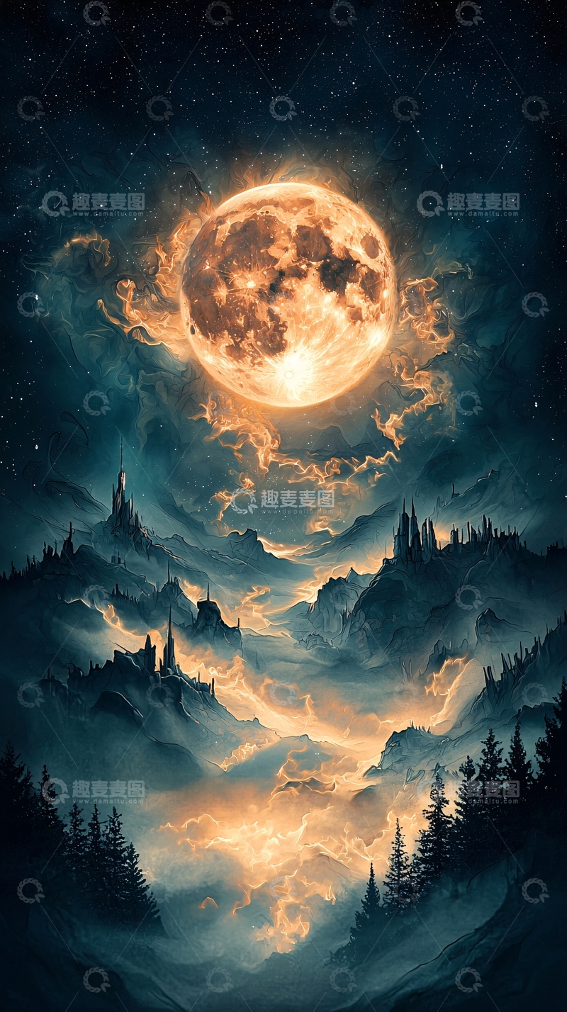 高清大图下载【趣麦麦图】金色月亮照亮夜空