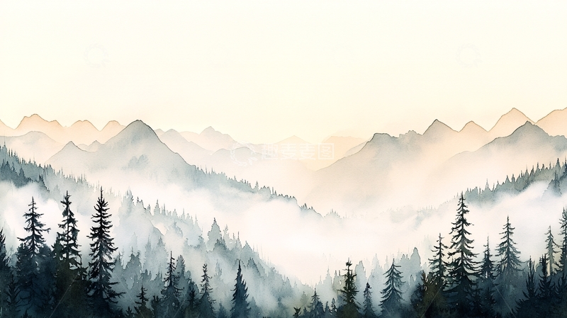 高清大图下载【趣麦麦图】水墨群山笼罩在薄雾中