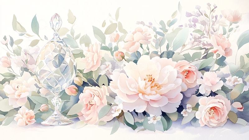 高清大图下载【趣麦麦图】粉色花朵与水晶瓶