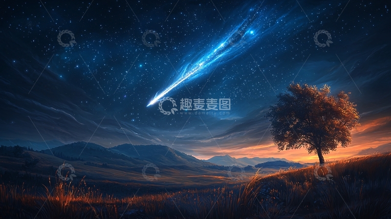 高清大图下载【趣麦麦图】星空下的流星与树