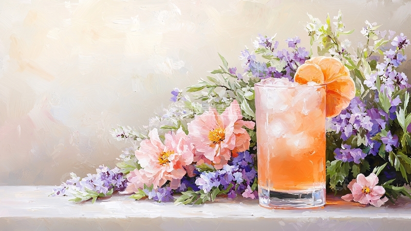 高清大图下载【趣麦麦图】鲜花旁的粉色冰饮