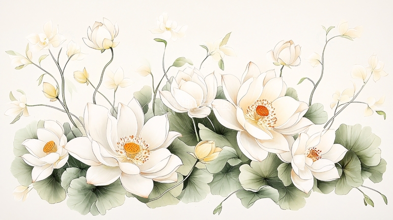 高清大图下载【趣麦麦图】淡雅水墨风白色莲花图