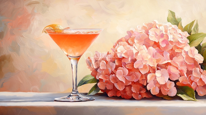 高清大图下载【趣麦麦图】粉色绣球花和鸡尾酒