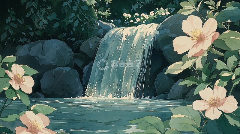 高清大图下载【趣麦麦图】梦幻般的瀑布鲜花场景