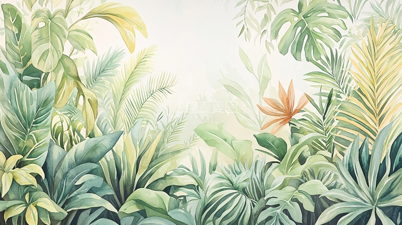 高清大图下载【趣麦麦图】热带植物水彩画背景