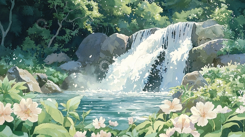 高清大图下载【趣麦麦图】葱郁森林中的清澈瀑布