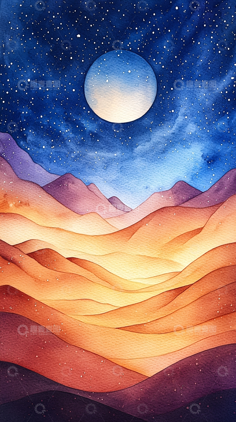 高清大图下载【趣麦麦图】水彩夜空山脉