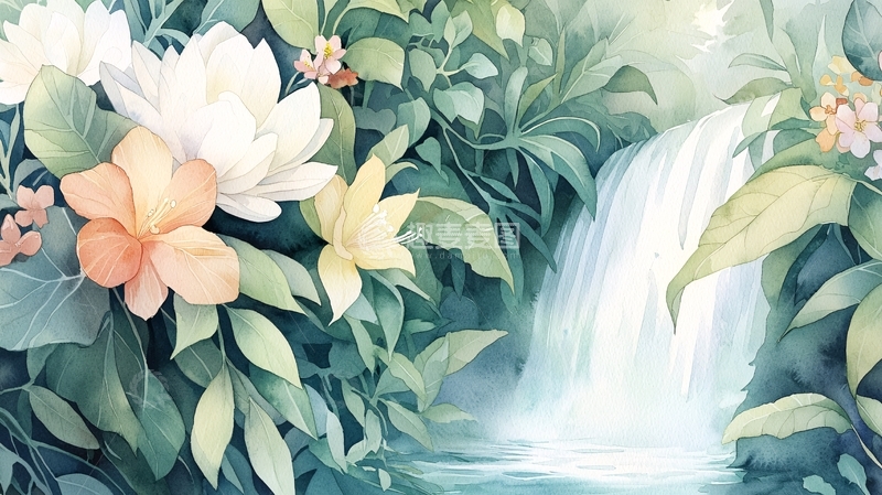 高清大图下载【趣麦麦图】鲜花围绕的瀑布水彩画