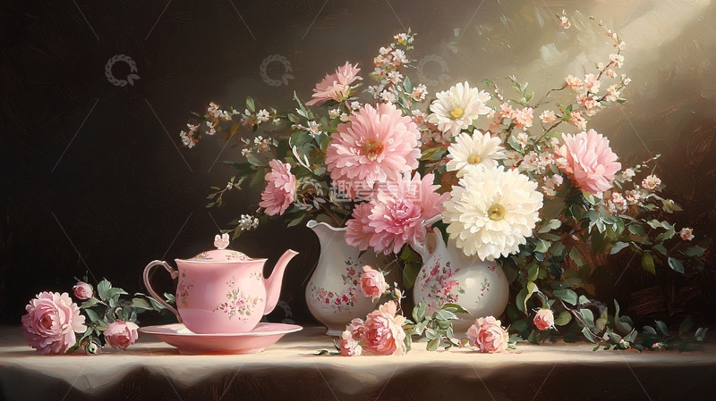 高清大图下载【趣麦麦图】粉色茶壶与鲜花静物