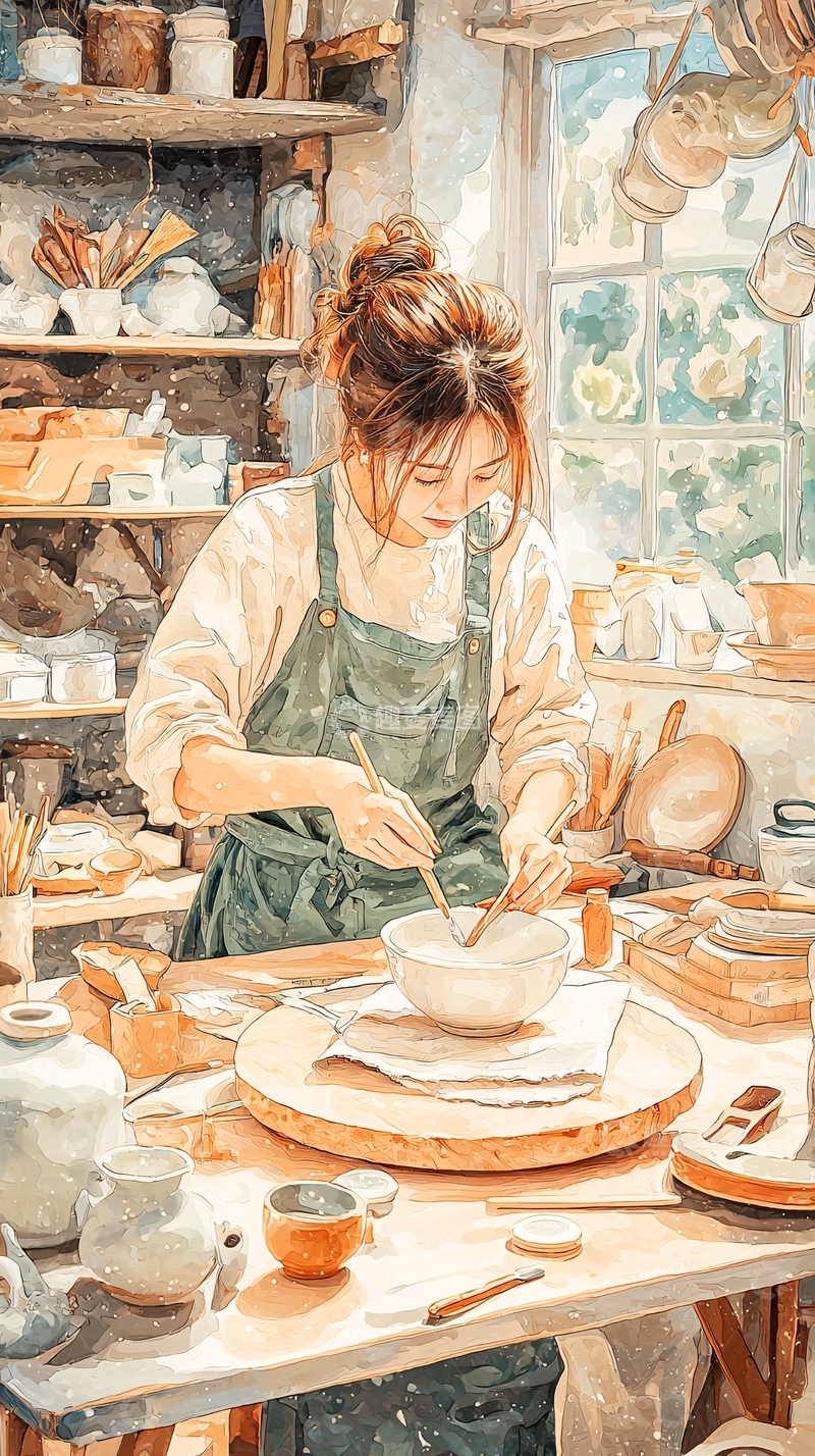 高清大图下载【趣麦麦图】专注陶艺的年轻女子