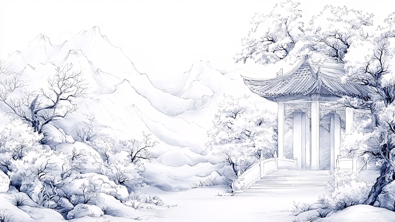 高清大图下载【趣麦麦图】冬日雪景凉亭山水画