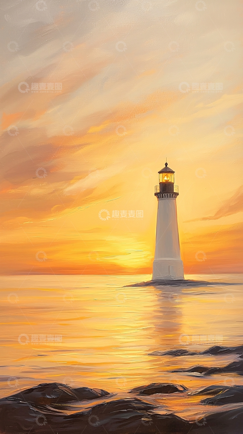 高清大图下载【趣麦麦图】金色海面上的灯塔