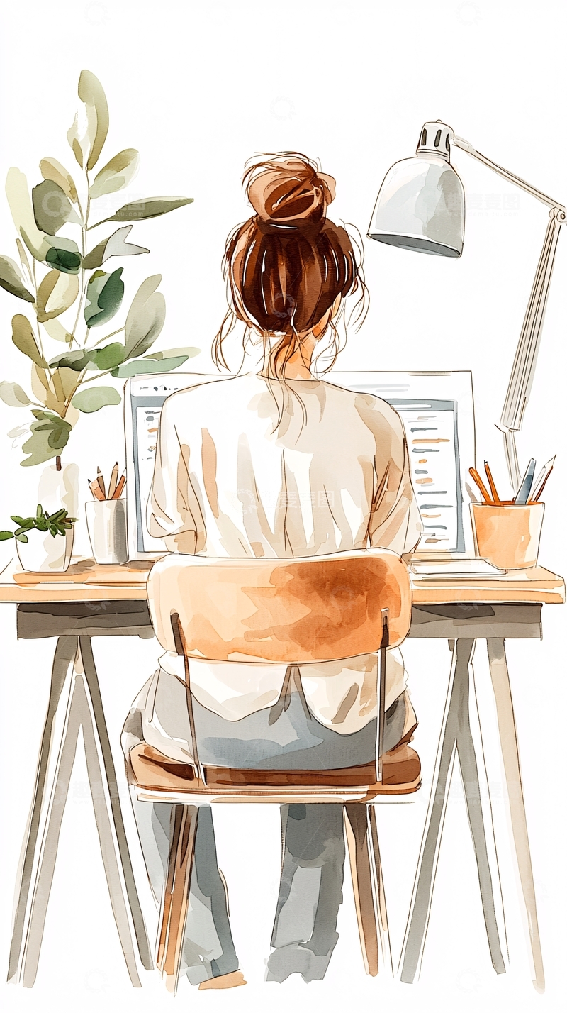 高清大图下载【趣麦麦图】女孩在家工作水彩风